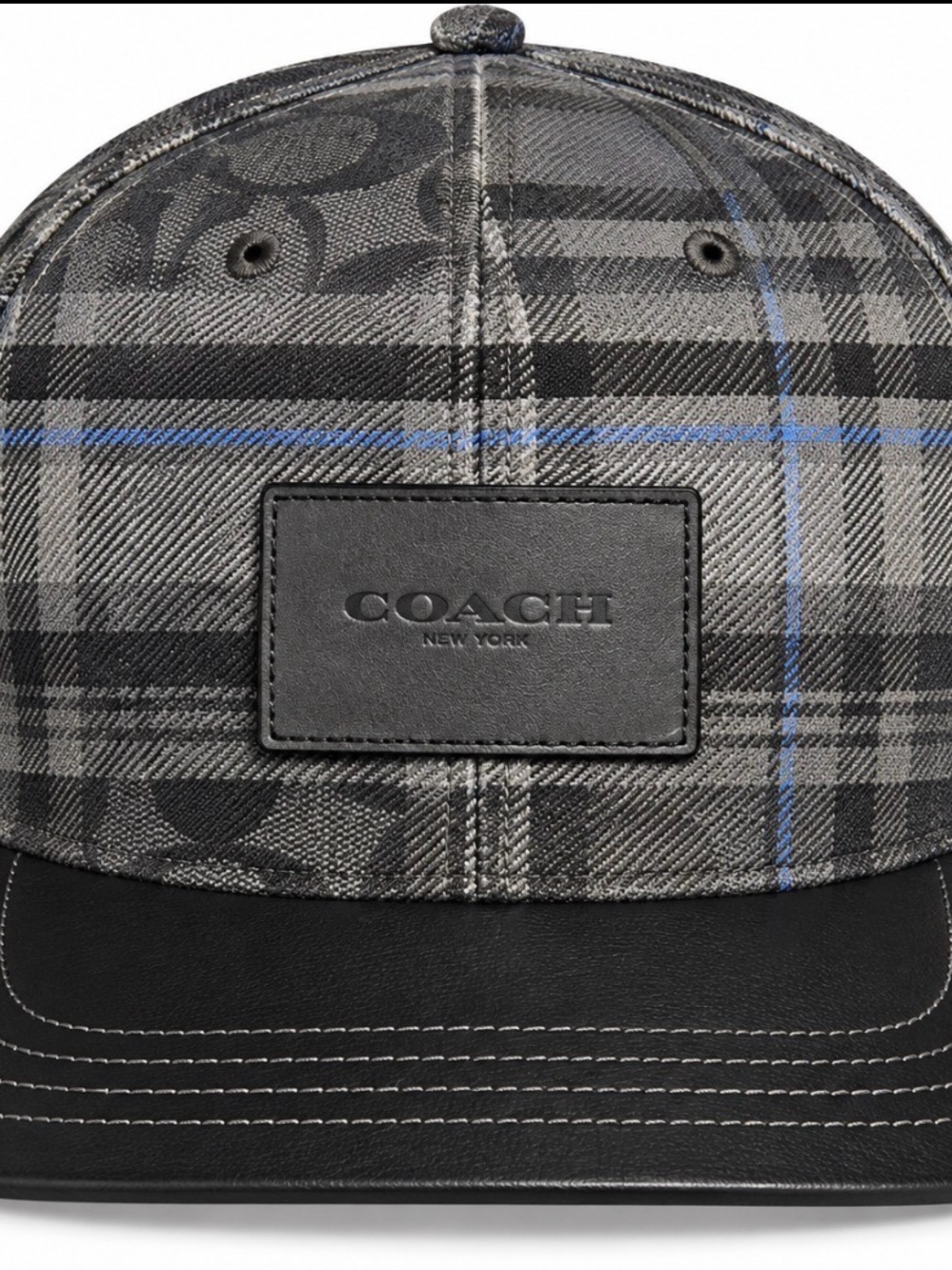 COACH Men's Gray Plaid Baseball Cap with Black Leather Brim